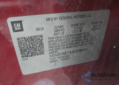 2018 Chevrolet Malibu Lt из США, поврежденный, VIN 1G1ZD5ST3JF279015